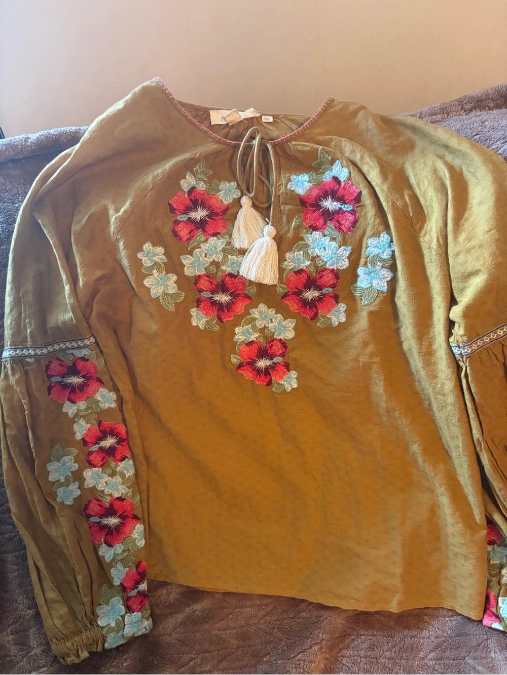 Olive Embroidered Tassel Neck Tunic